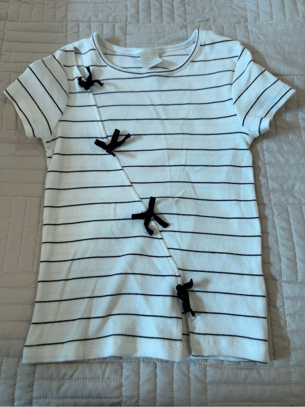 Zara White Short Sleeve Ribbed Tee with Black Stripes and Bow Details